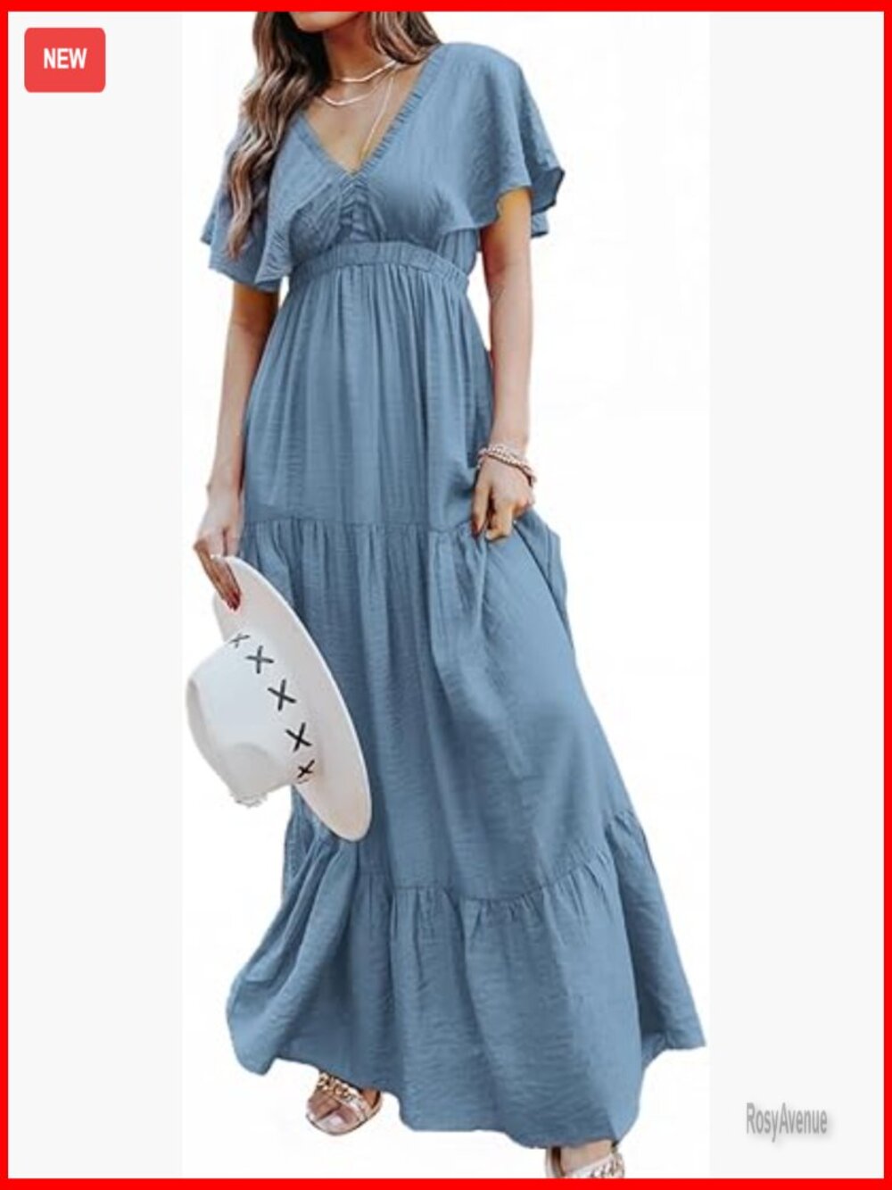 Short Sleeve V Neck Maxi Dress Flowy Ruffle Boho Beach Casual